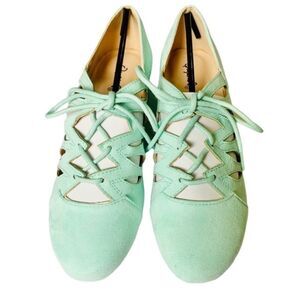 Qupid Oliver-07 Cut Out Lace Up Low Heel Shoes Vegan Suede Menthol Green Oxford